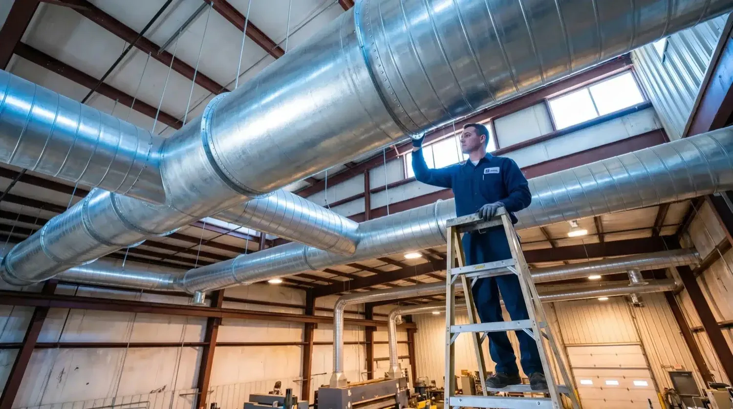 A technician inspecting large industrial spiral ductwork